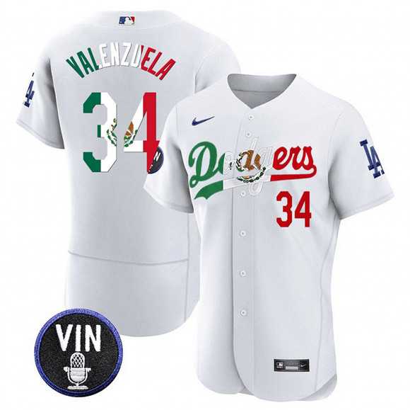 Mens Los Angeles Dodgers #34 Fernando Valenzuela White Mexico Special Vin Scully Patch Flex Base Stitched Jersey Dzhi